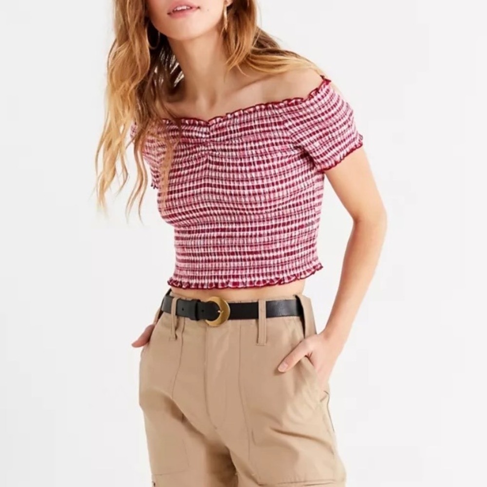 Urban Outfitters UO Jade Smocked Off The Shoulder Top Red Gingham Smocked M